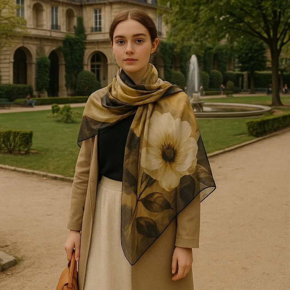 Gottex Sheer Floral Silk Scarf Wrap – Neutral Gold & Black